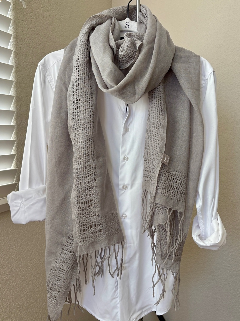 EUC J. Jill Stone Wool Silk Blend Woven Fringe Solid Rectangle Scarf